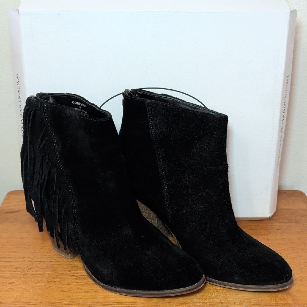 Steve Madden Compass Black Suede Fringe Ankle Boots 3.5" Heel Women's Size 9
